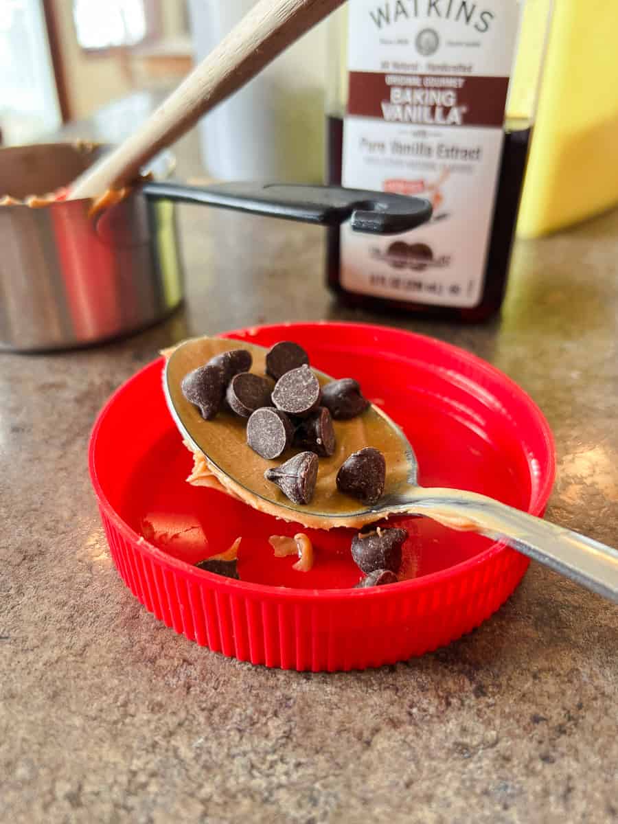 Peanut butter and chocolate chips on a spoon