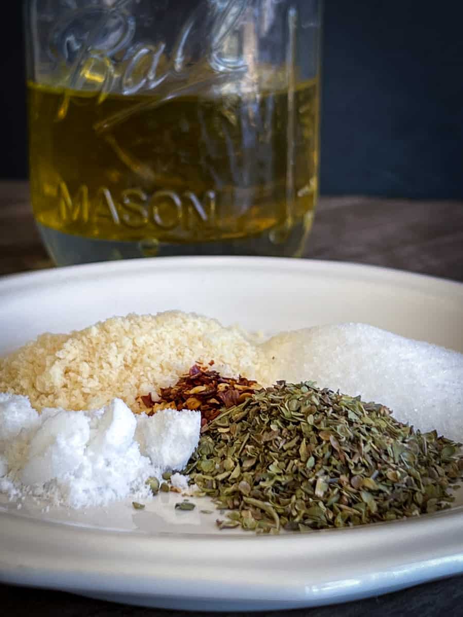 Ingredients on a plate and mason jar.