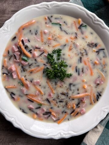 Wild Rice Soup with Ham in white bowl