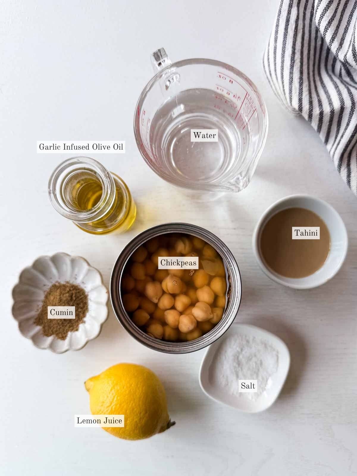 ingredients to make hummus with canned chickpeas.