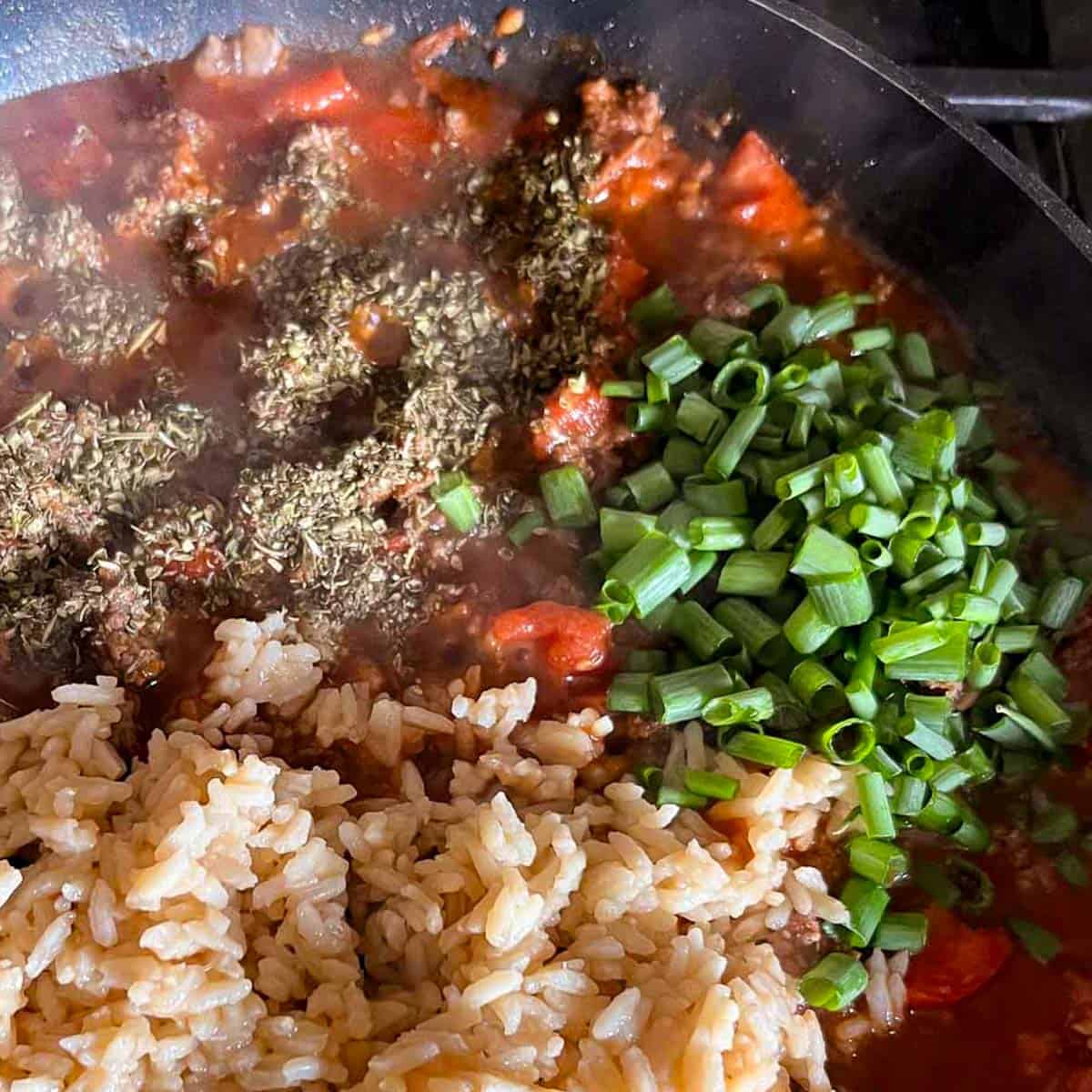 ground beef and italian turkey with diced tomatoes, cooked rice and chopped green onions.