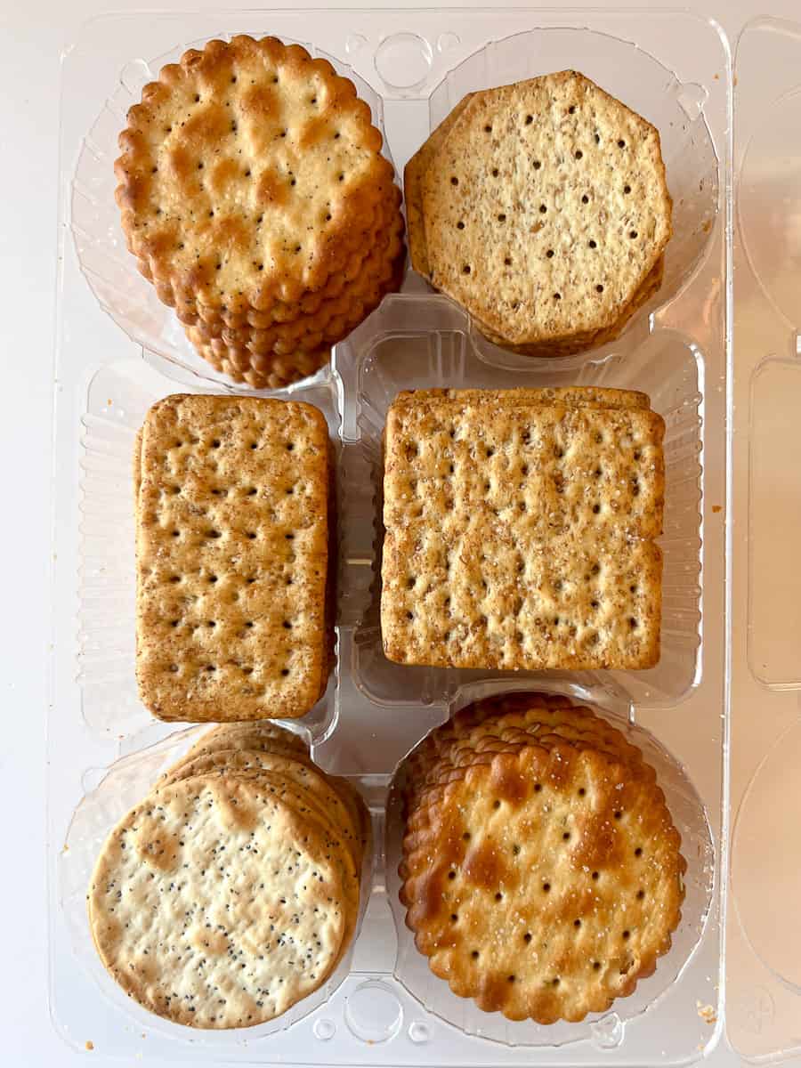 a variety of crackers in one package.