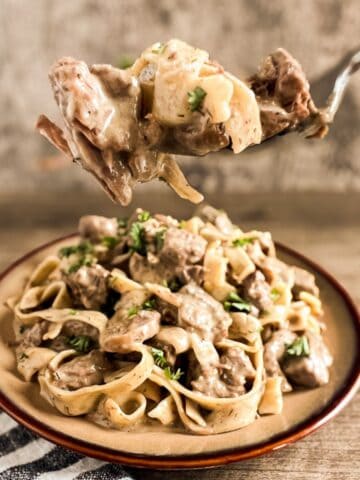 beef stroganoff on a brown plate with a fork full above the plate.