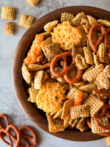 chex mix in a wooden bowl.