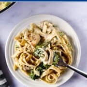 plate full of chicken alfredo with a fork.