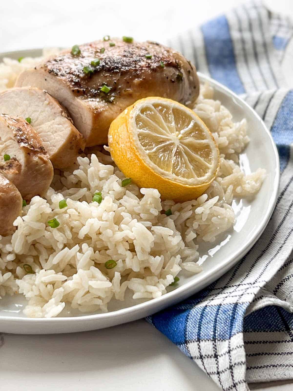 sliced chicken on a bed of rice with a lemon slice.