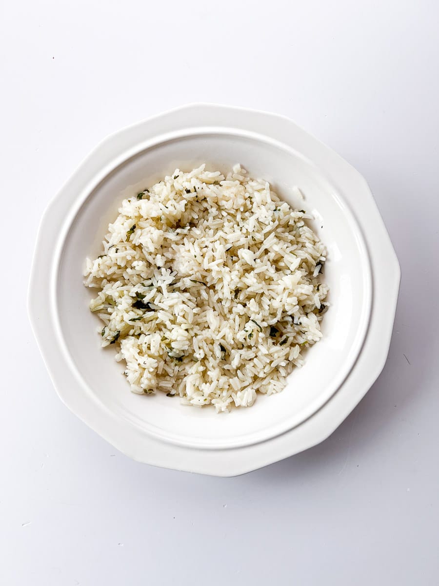 white bowl with cilantro lime rice.