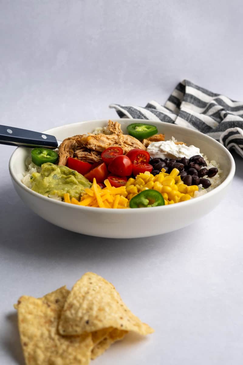 front view of a chipotle chicken rice bowl.