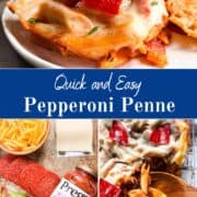 Baked pepperoni penne pasta with melted mozzarella and pepperoni slices in a casserole dish.