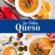 Collage image of low FODMAP queso made with real cheese, Rotel, and coconut milk, served with tortilla chips. Includes a bowl of hot queso topped with jalapeños and tomatoes, prep ingredients like shredded cheese and spices, and a hand dipping a chip into the finished dip. Text overlay reads “Low FODMAP Queso” with website URL loveablelemons.com.