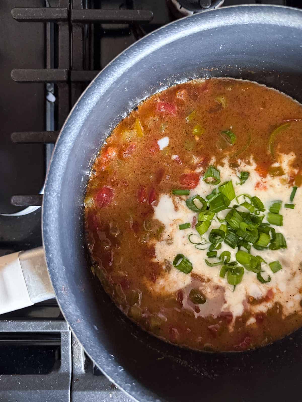 unsweetened coconut milk and chopped green onions added to the queso before being stirred.
