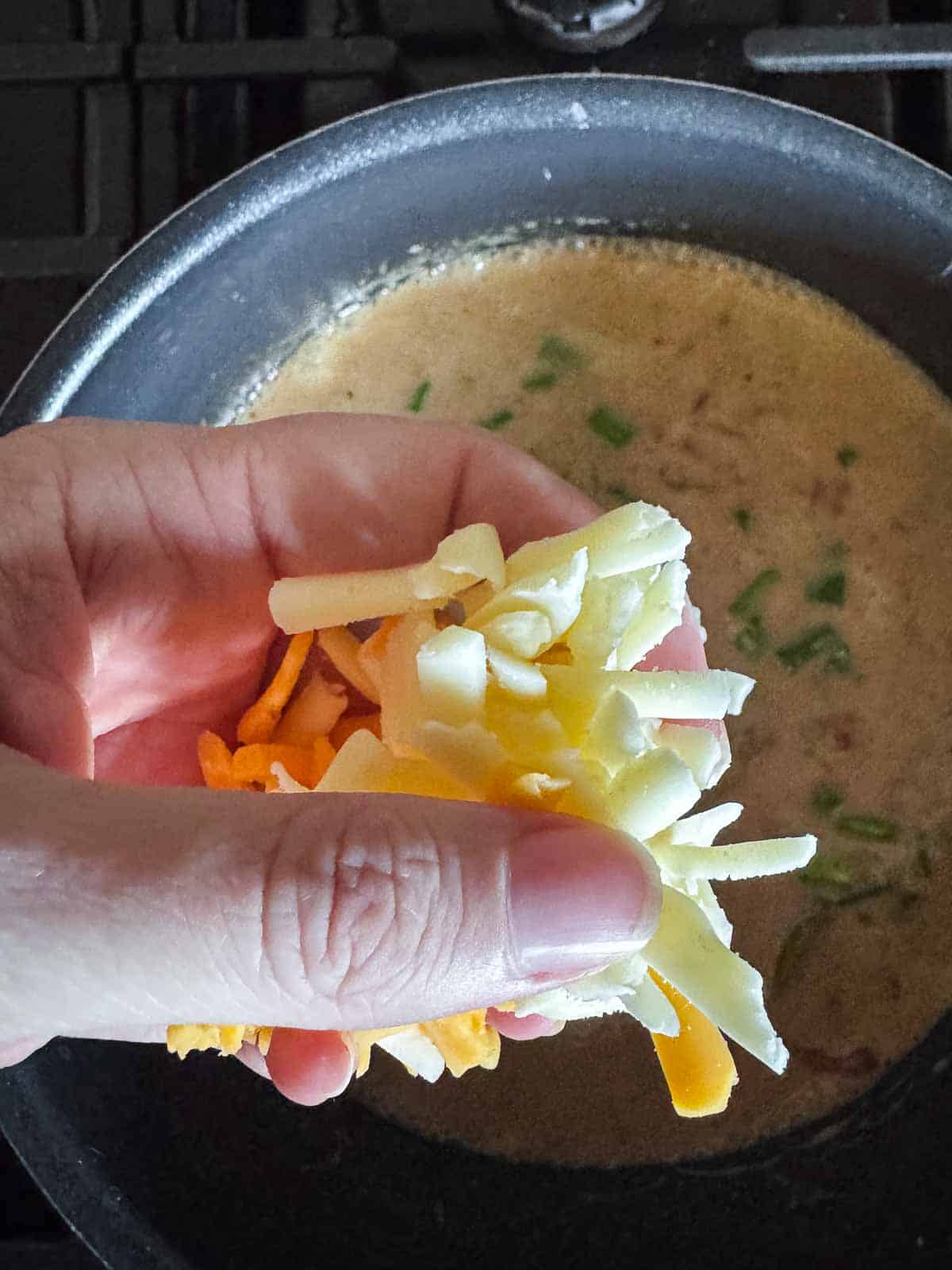 fingers holding shredded cheese above a medium saucepan.