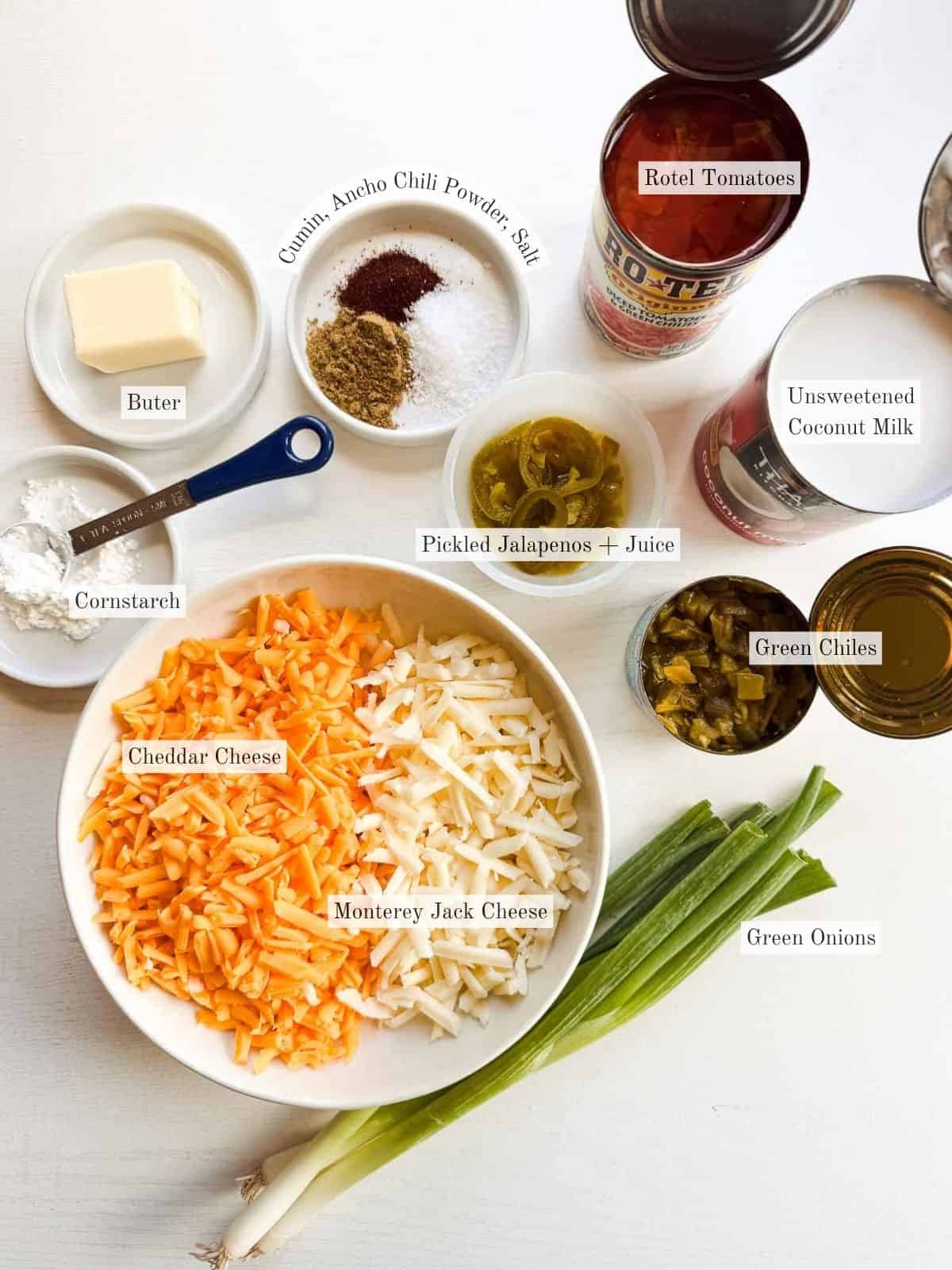 flat lay of ingredients to make queso.