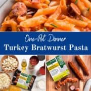 Large serving bowl of cheesy turkey bratwurst pasta with penne, brat slices, and creamy tomato-cheese sauce, styled with a striped napkin.