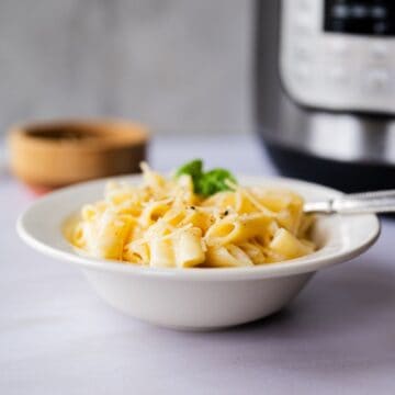 small bowl of alfredo penne noodles in front of an instant pot.