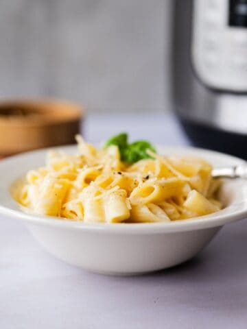 small bowl of alfredo penne noodles in front of an instant pot.