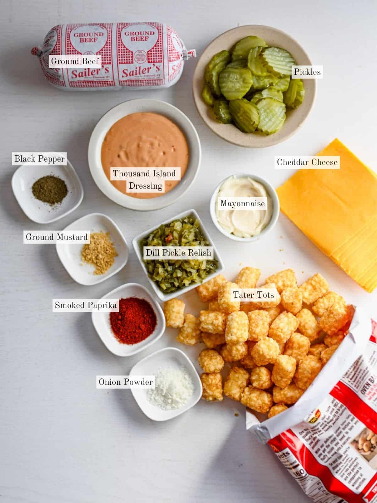 overhead view of big mac tater tot casserole.