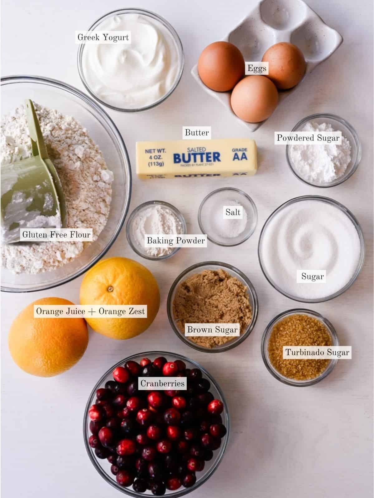 ingredients to make gluten free cranberry orange muffins.