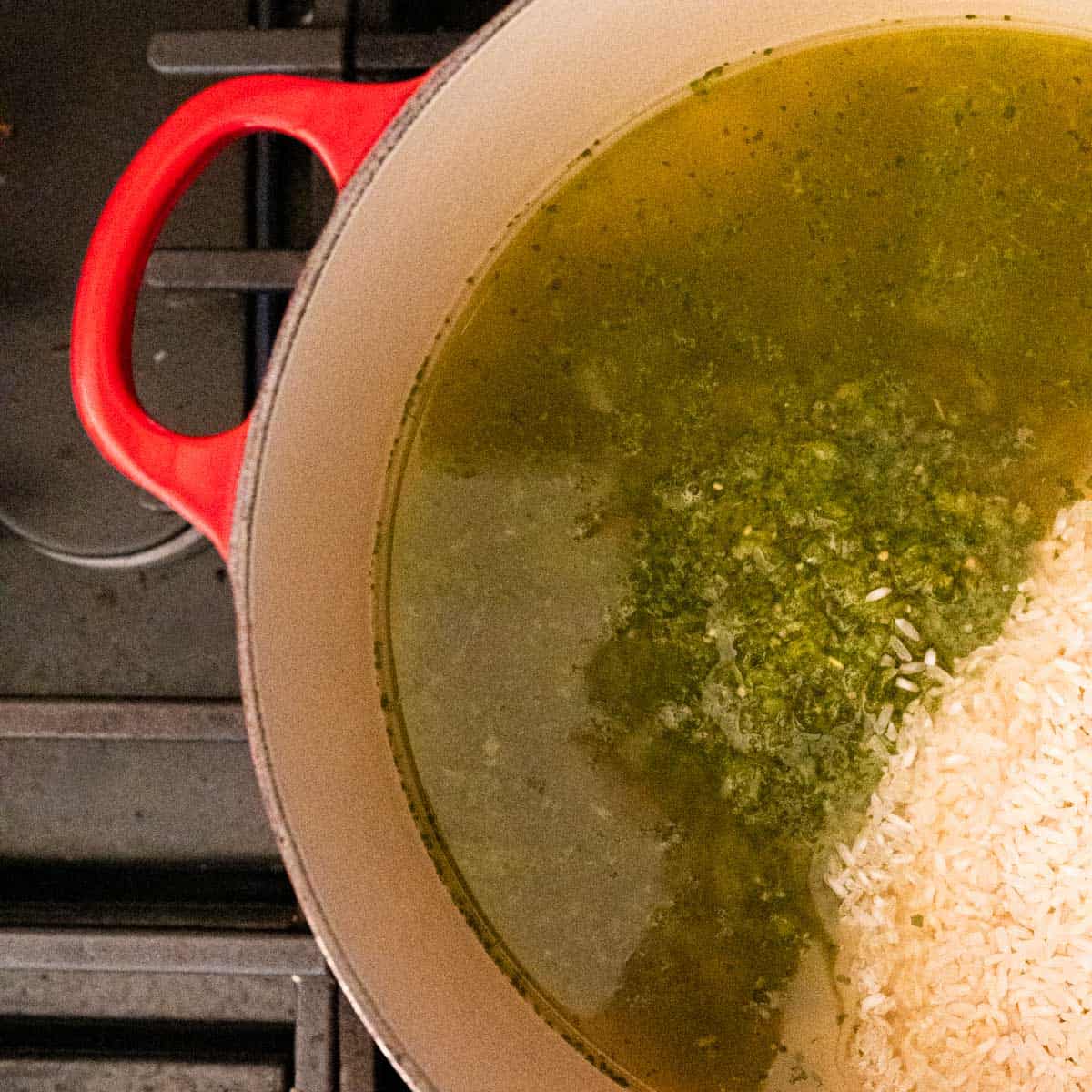 on the stovetop a red dutch oven with chicken broth, salsa verde and rice.