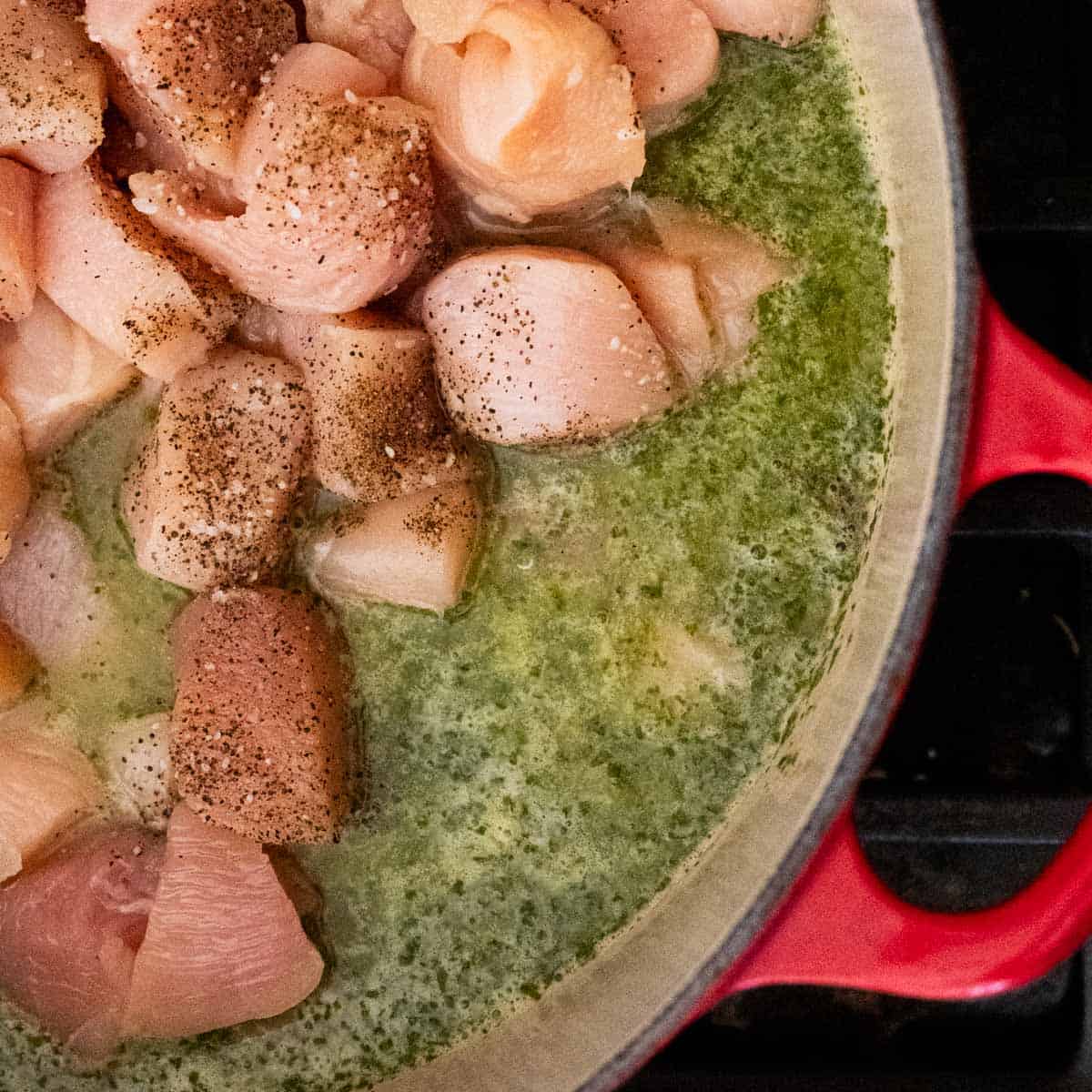 diced chicken added to the chicken broth, rice, and salsa verde pot.