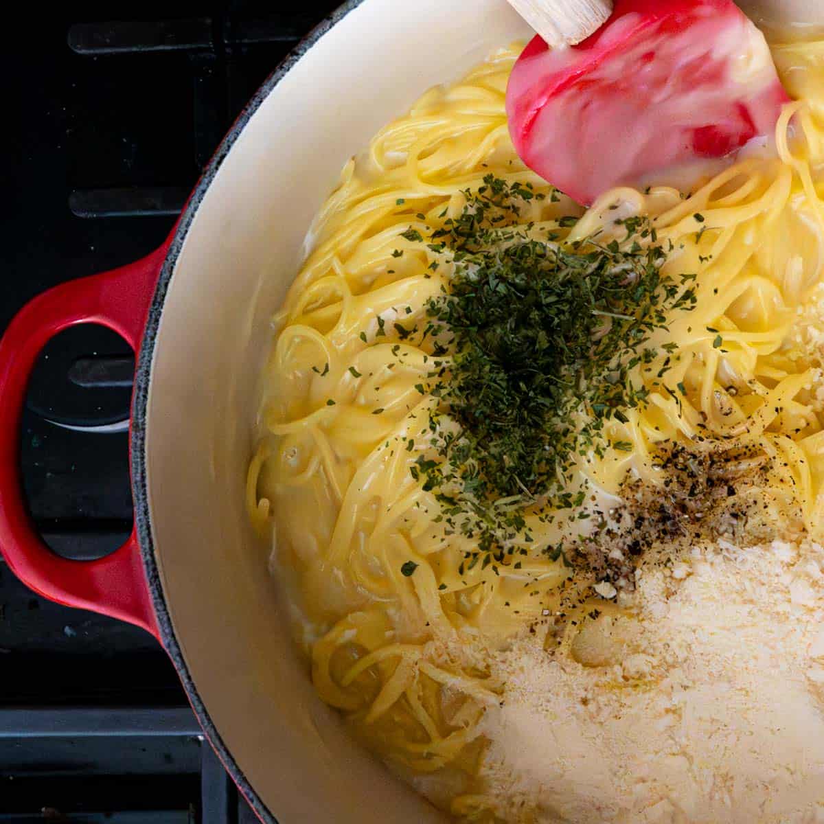 creamy noodles with the spices and parmesan cheese added.