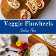 four pinwheels on a wooden cutting board, ingredients, and a glass bowl with the creamy mixture.