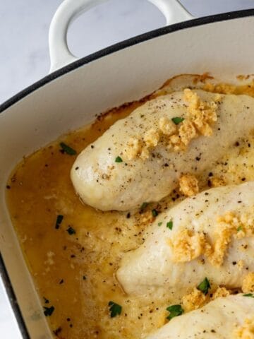 baked chicken topped wtih caesar dressing, melted cheese and crunchy parmesan crisps.