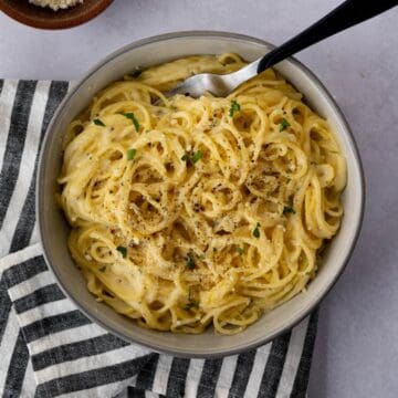 overhead shot of a bowl of parmesan noodles.