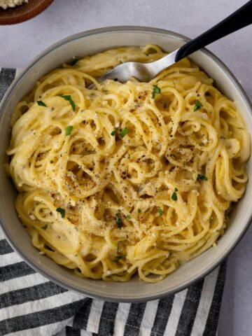 overhead shot of a bowl of parmesan noodles.