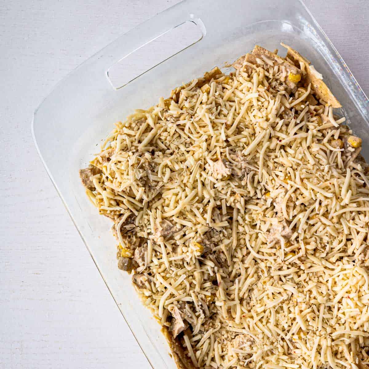 unbaked casserole in a 9x13-inch baking dish.