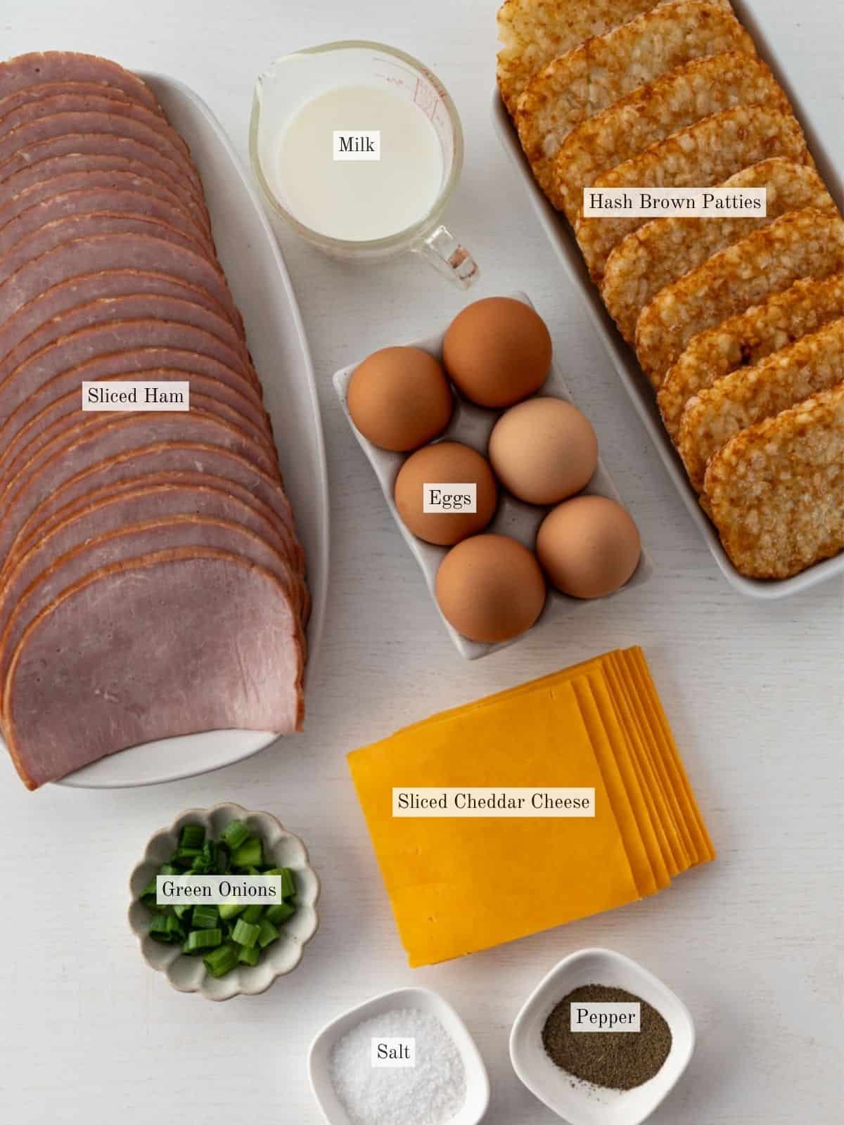 ingredients to make hash brown patty breakfast casserole.