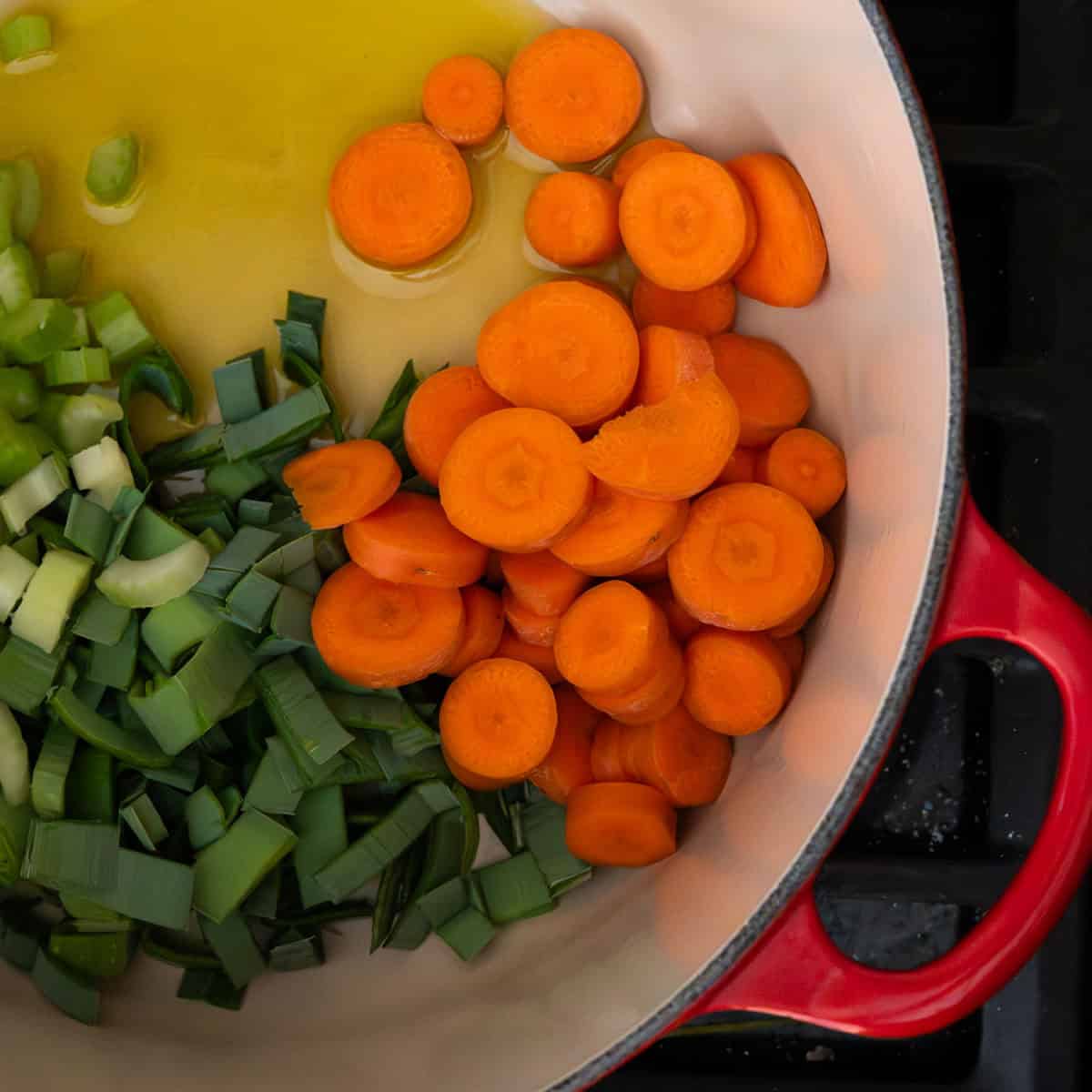 red dutuch oven with garlic oil, carrots, leeks and celery.