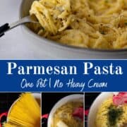 Creamy parmesan noodles in a bowl with black pepper and parsley, gluten free and cooked in one pot without heavy cream.