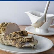 sliced turkey breast on a platter with a white spoon drizzling gluten free gravy over it.