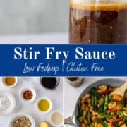 jar of stir fry sauce, ingredients for sauce and skillet of chicken stir fry.