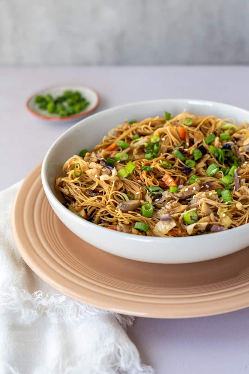 bowl of chow mein noodles.