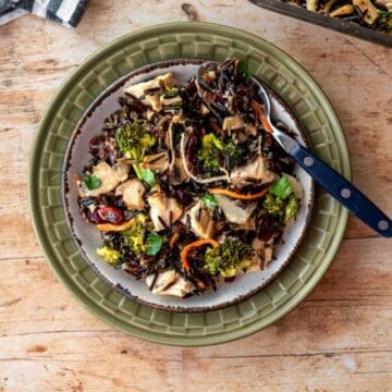 plate full of wild rice casserole with a blue spoon.