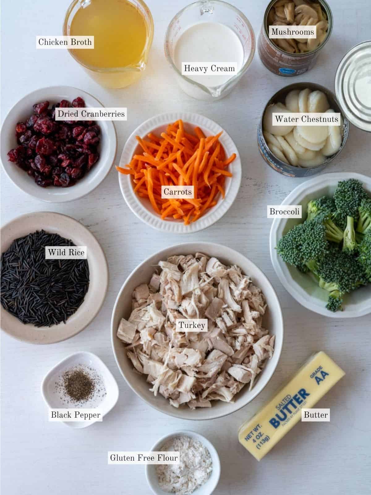 ingredients to make wild rice turkey casserole.