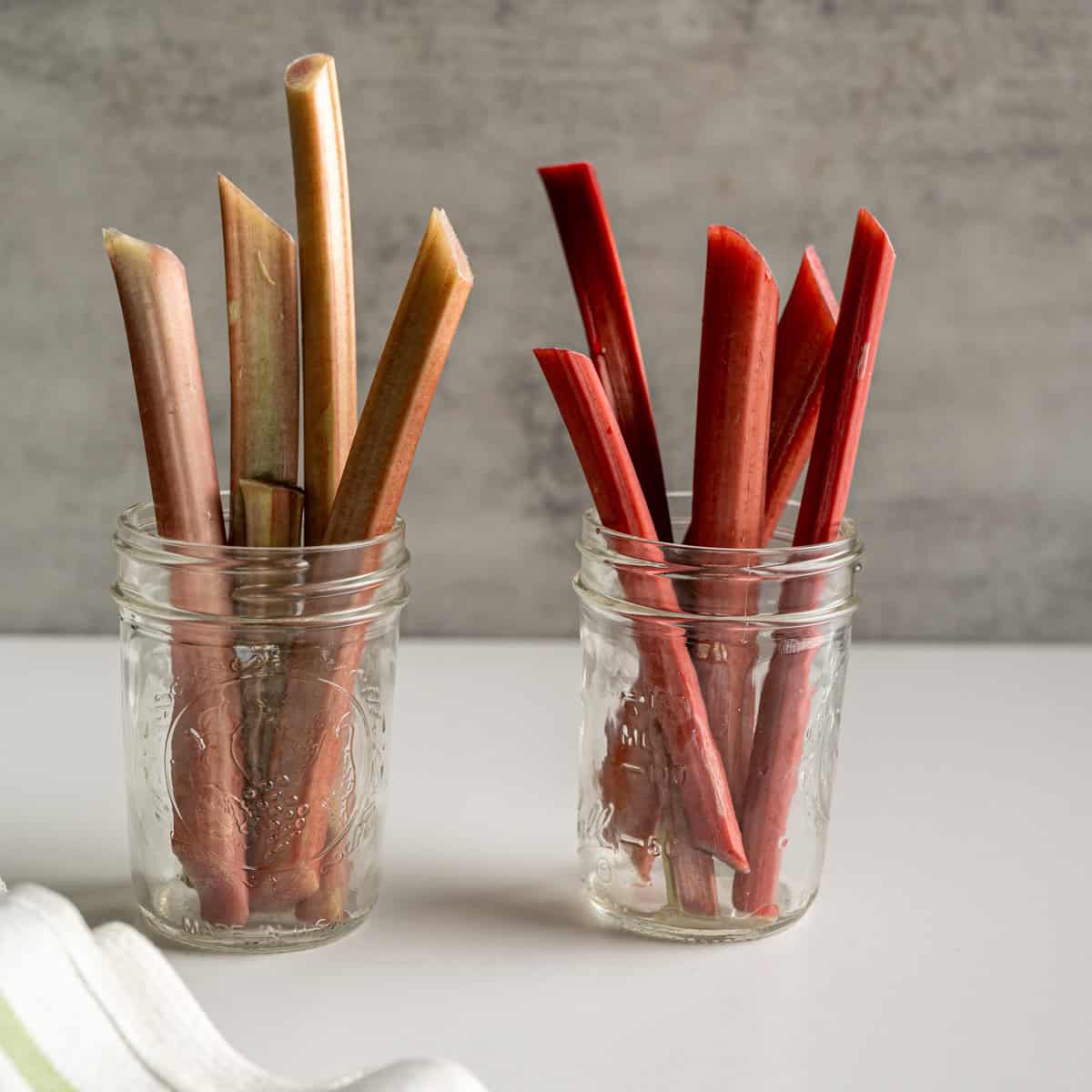 two jars of fresh rhubarb, one will green red rhubarb and the other is bright red in color.