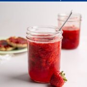a mason jar filled with strawberry freezer jam made with MCP pectin.