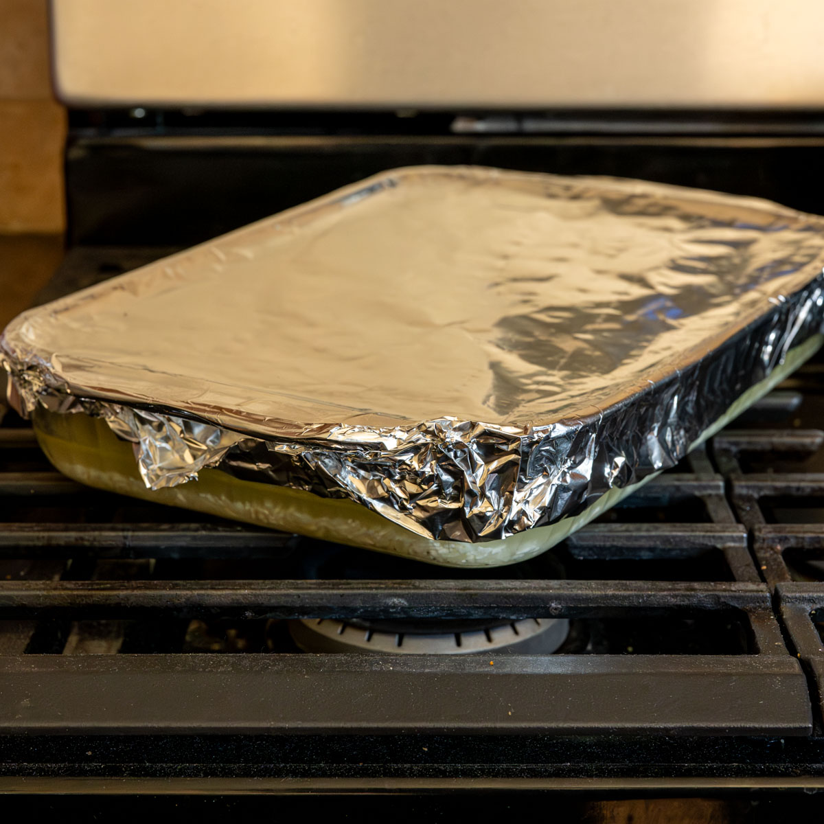 baked 9x13 inch pan topped with aluminum foil.
