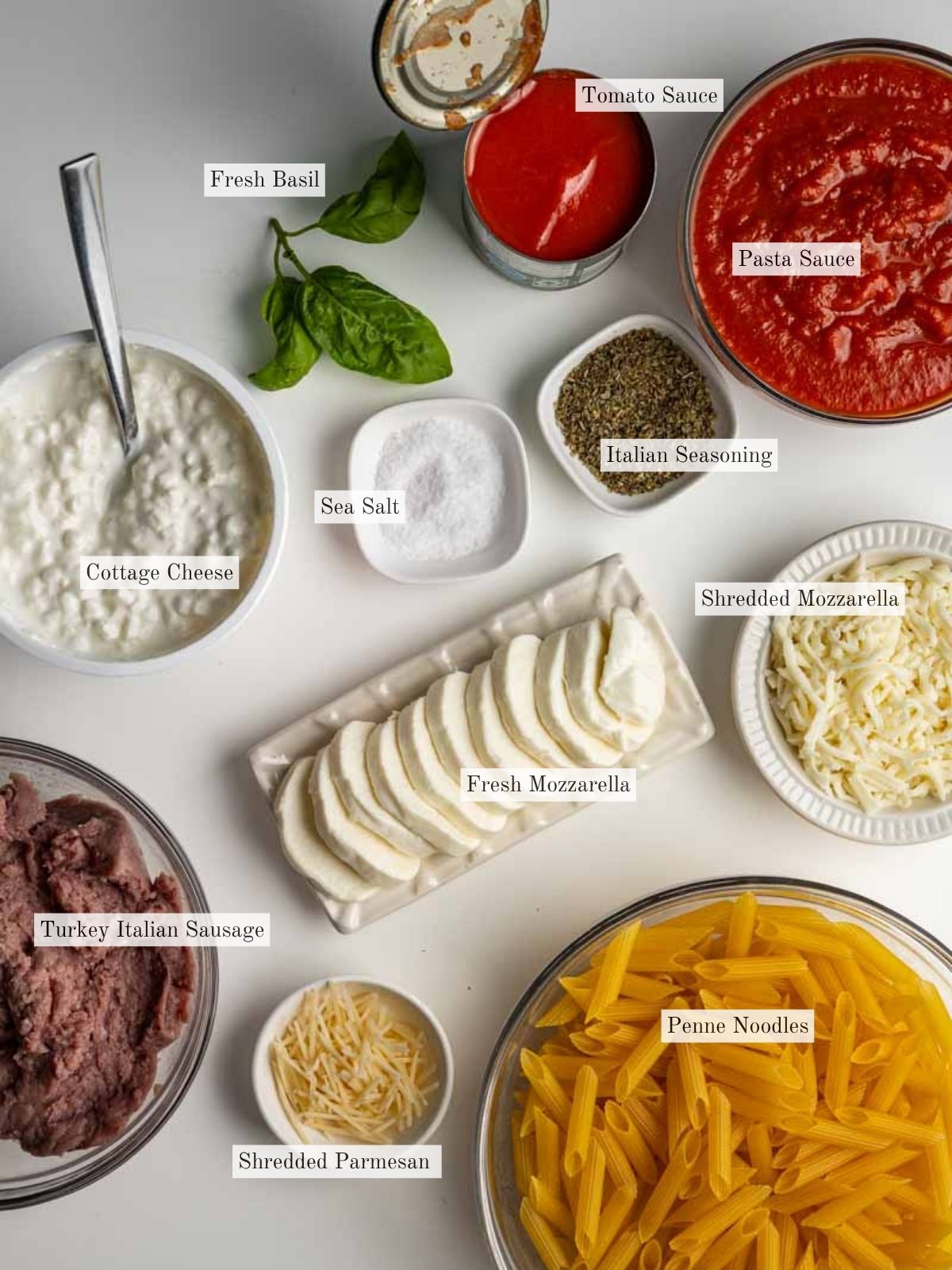 ingredients to make baked ziti with cottage cheese.