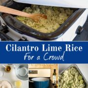 a roaster full of cilantro lime rice along with ingredients, boiling water on the stove, and baked in a disposable pan.