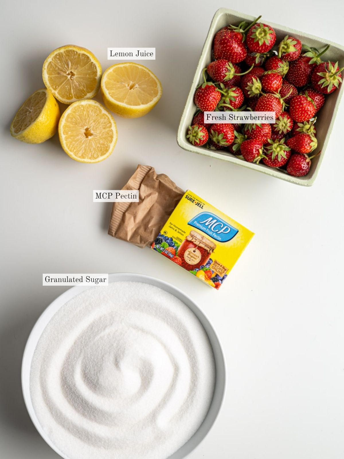 ingredients to make strawberry freezer jam with MCP sure jell.