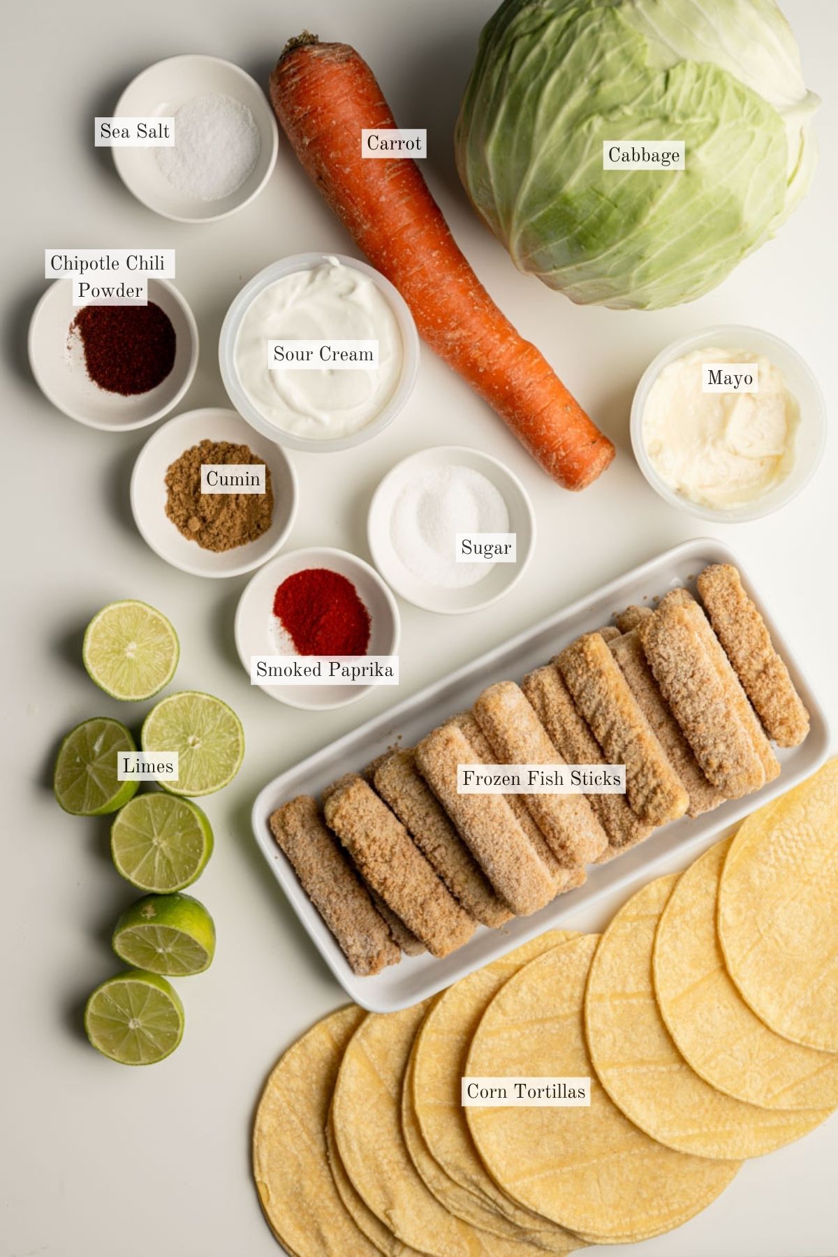 ingredients to make fish stick tacos.