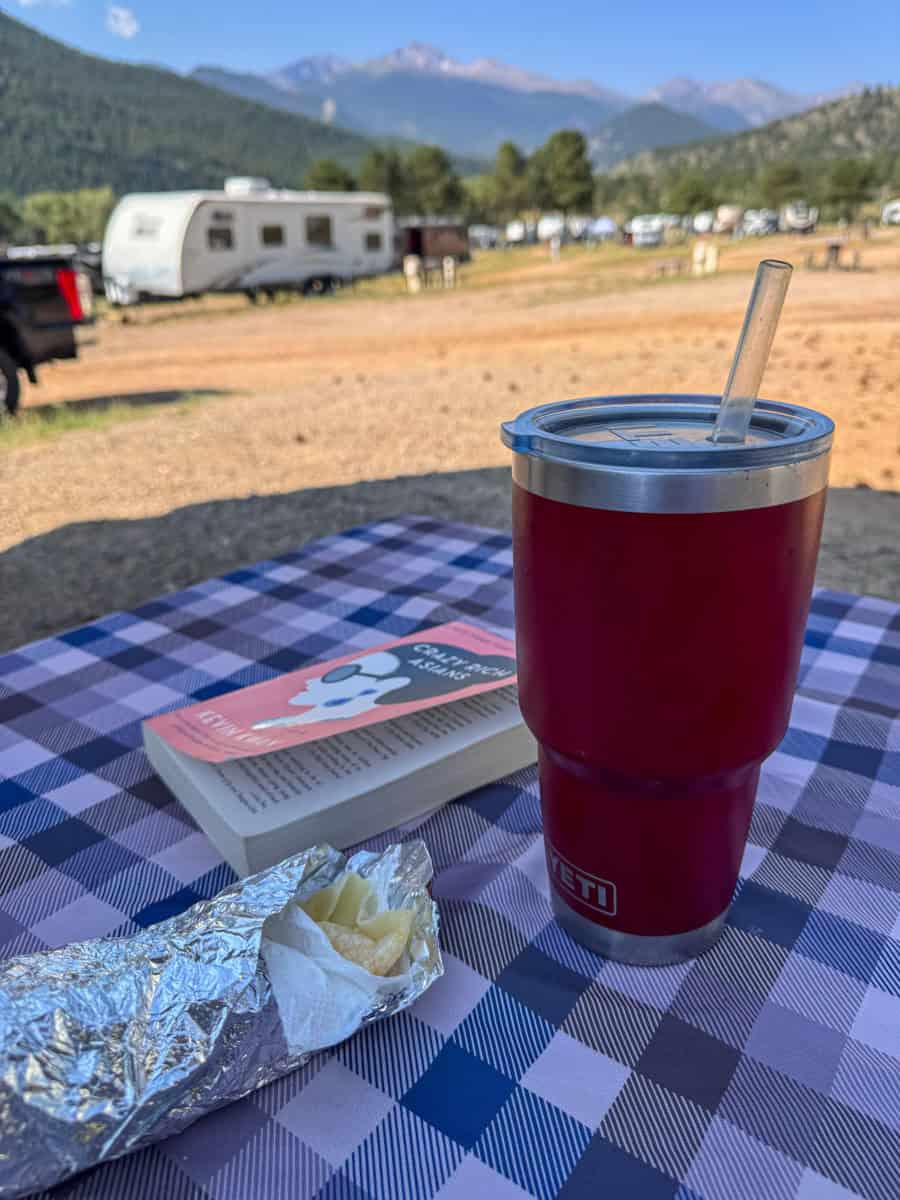 freezer breakfast burrito, a refillable insulated tumber and a book sitting on a plaid table cloth.