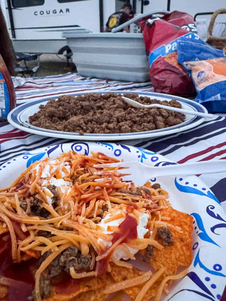 walking tacos on a striped tablecloth.