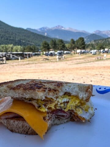 breafkast sandwich on a paper plate with a mountain view.