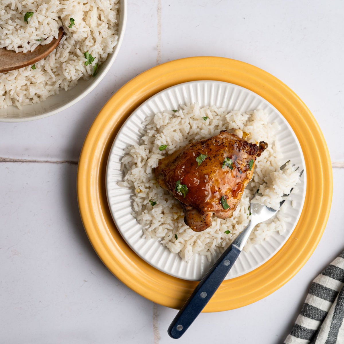 plate with apricot curry chicken thigh on top of a bed of coconut rice.