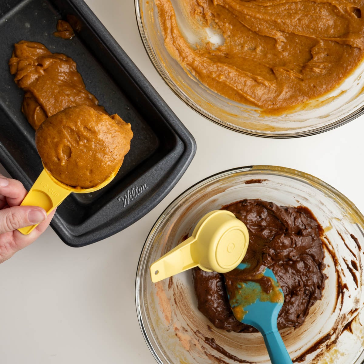 pumpkin batter and chocolate swirl with a loaf pan.